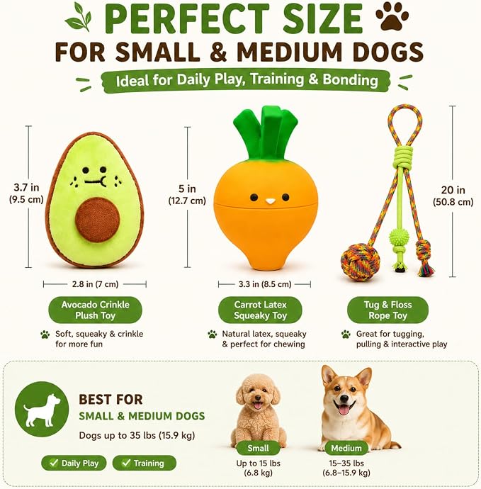 Cute Dog Toys for Small Dogs, Vegetable Puppy Toy Set with Squeaky Carrot, Avocado Plush & Rope Tug Toys, Interactive Puppy Starter Kit (Bright Orange)
