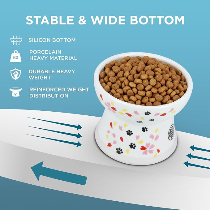 Necoichi Raised Cat Food Bowl – Ceramic Elevated Cat Bowl for Whisker & Neck Fatigue, Dishwasher Microwave Safe – Non-Slip & Anti Vomiting Ergonomic Design (Sakura Floral, Large, 2-Cup Capacity)