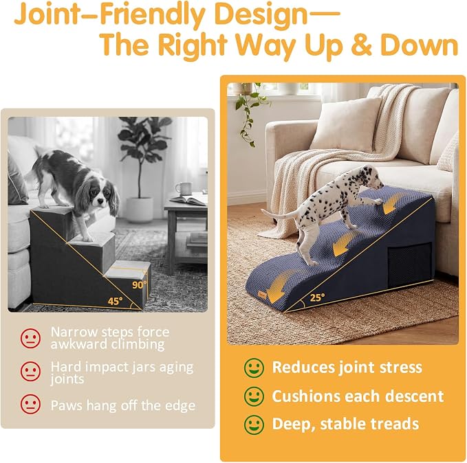 Topmart High Density Extended Foam Dog Ramp&Steps 3 Tiers,15.7" High,Non-Slip Dog Stairs with Removable Cover,Soft Foam Pet Ladder,Best for Injured,Older Cats,Pets with Joint Pain