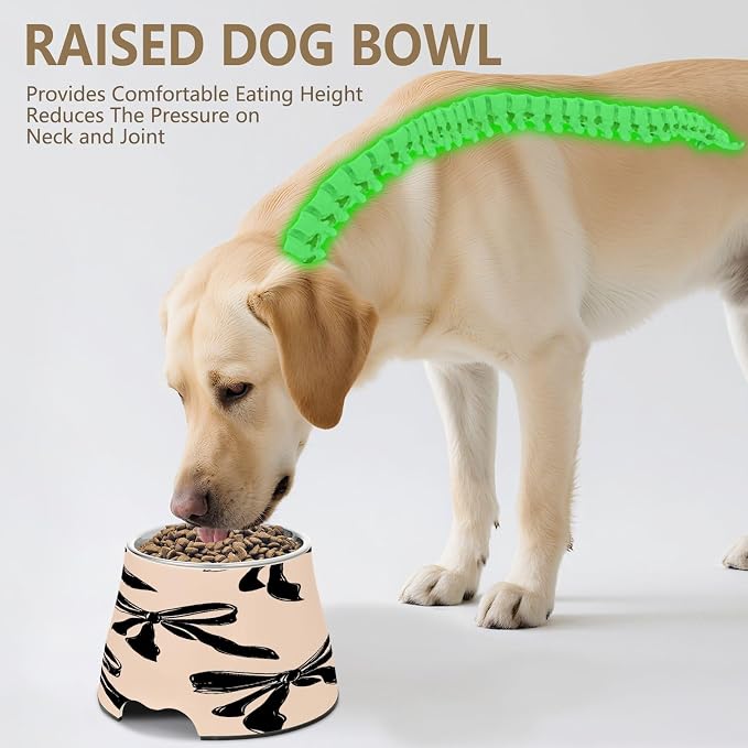 Blueangle Elevated Dog Bowls with Stainless Steel - Non-Slip 2.3 Cup High Capacity Pet Dish for Spinal Health & Black Bow Design（383）