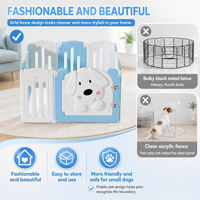 Puppy Play Pen for Indoors, Foldable Puppy Playpen With Cute Dog Shape Door, Puppy Playpen for Indoor Small Dogs, 25.5" H 10-Panel Adjustable Puppy Craten for Living Room and Bedroom(Blue&White)
