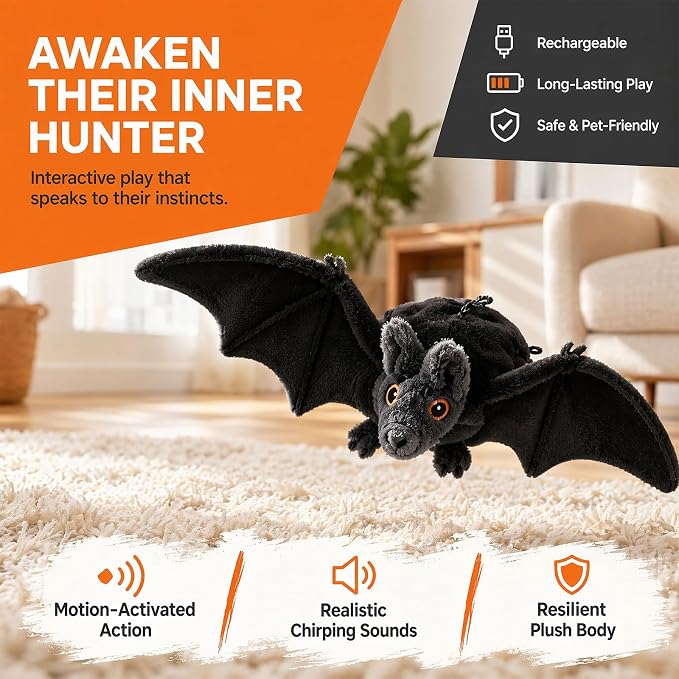 Interactive Flying Bat Dog Toy, Flapping Wings Cute Bat for Indoor Cats & Dogs, Automatic Flapping Wings with Chirping Sounds, Touch Activated, Rechargeable for Solo Play，Remote Control