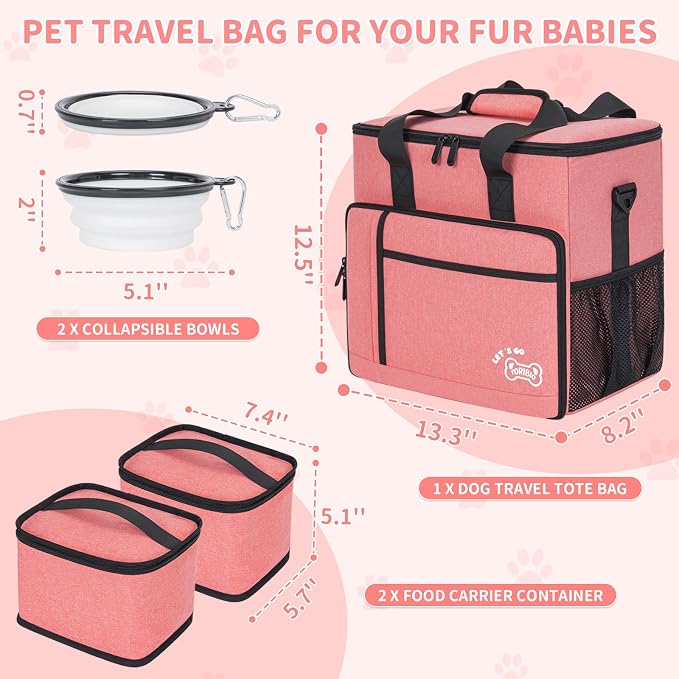 TORIBIO Dog Travel Bag,Large Pet Travel Bag for Supplies with 2 Food Container and Collapsible Bowls,Dog Travel Supplies Organizer Kit for Weekend,Road Trips,Camping