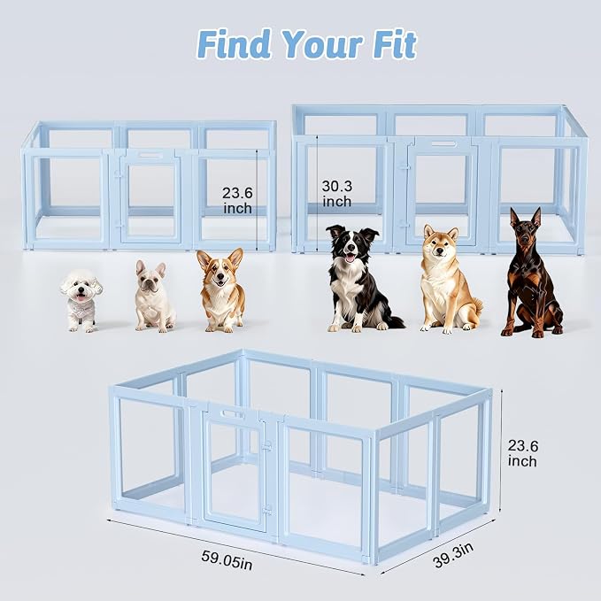 DIY Clear Acrylic Dog Playpen House,Quick Easy Assembly and Disassembly,Strong Floor Suction,Indoor and Outdoor Use,Easy Cleansing Puppy Fence (Sky Blue, 23.6" H, 10PCS)