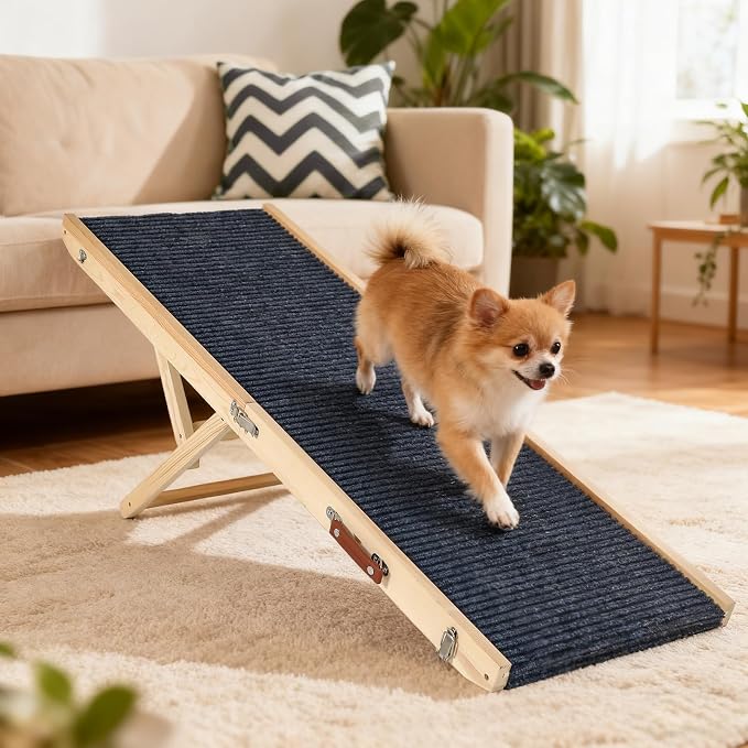 Foldable Dog Ramp for Bed and Couch - Adjustable Height with Leather Handle, Perfect for Small Dogs and Cats, Portable Pet Ramp for Easy Storage, 5 Adjustable Height, Portable 47.24'' Long