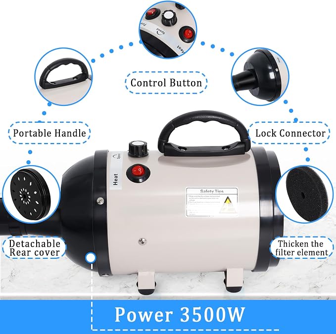 Dog Dryer for Large Dogs, 5.2HP 3800W High Velocity Pet Hair Dryers | with Heater for Grooming, Spind Temperature Adjustable Pet Dryer Machine with 4 Nozzles Secadora para Perro (Beige)