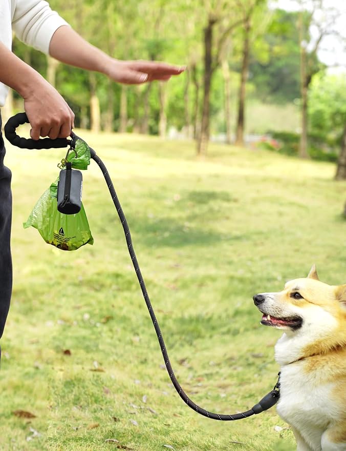 Gobeigo Dog Poop Bag Holder for Leash, Large Opening for Easy Pull Out, Doggy Poo Bag Dispenser with Used Waste Bag Carrier Suitable for Any Retractable Leash with 15 Unscented Bags (Gray)