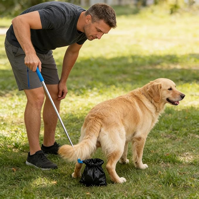 Dog Poop Scooper with Retractable 35.4 In Stainless Steel Handle, One-Click Bag Loading & Disposal, Includes Bone-Shaped Bag Dispenser & Poop Bags, Fits 9 In+ Opening Bags