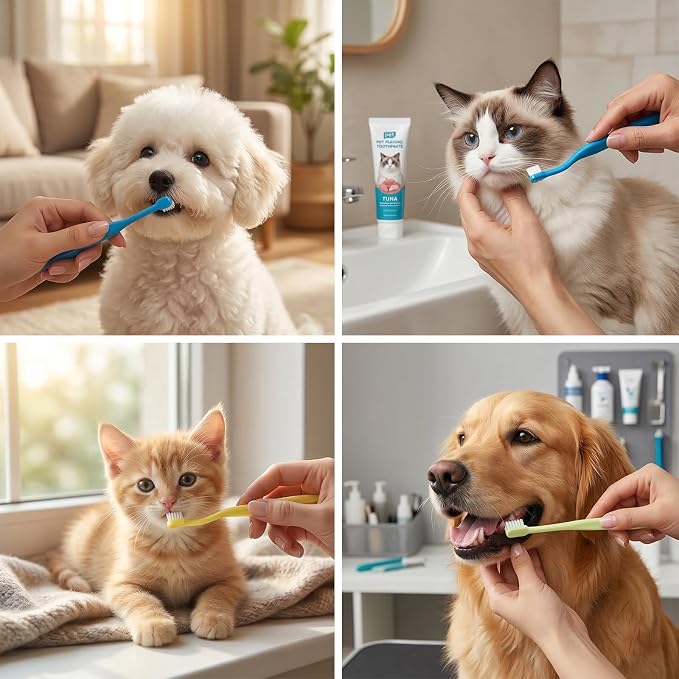 ElevateTech 4pcs Small Dog Toothbrush, Cat & Puppy Tooth Brushing Kit | Mini Tuft Horizontal Head Teeth Brush Deep Dental Teeth Cleaning Dog Tooth Brushing kit for Kitten Tiny Pet Blue Yellow
