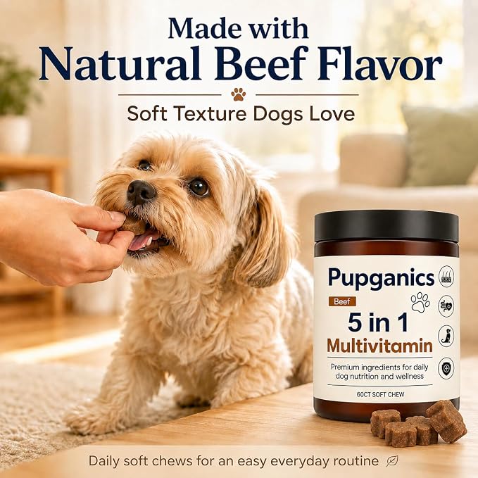 Pupganics Multivitamin Daily Soft Chews for Dogs, Itch Relief Chews, Beef | Twelve active ingredients with Salmon oil, Probiotics, Glucosamine & Essential Vitamins for everyday dog wellness.60 Count