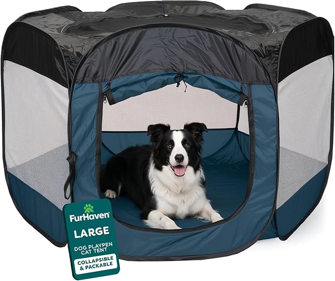 FurHaven Soft-Sided Dog & Cat Playpen, Portable Foldable Indoor & Outdoor Pet Playpen with Mesh Windows & Zippered Door, Sailor Blue, Large