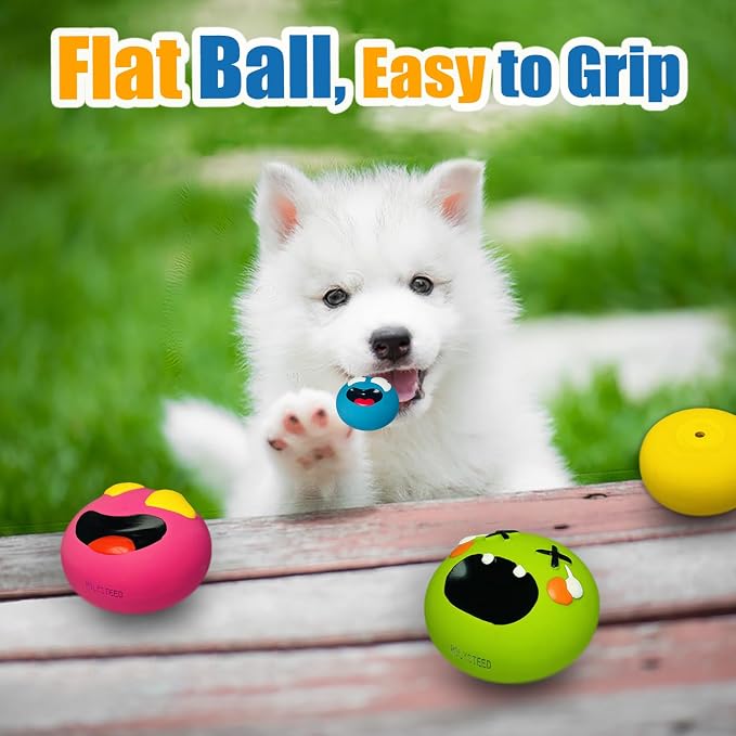 HOLYSTEED Latex Squeaky Dog Toy for Small Dogs, Mini Breeds, 2.2" Flat Ball | 2.2"*2.2"*1.38", 6pcs Flat Dog Squeaky Balls, Smile Face Rubber Puppy Toys, Interactive Pet Toy with Squeaker Indoor, Outdoor