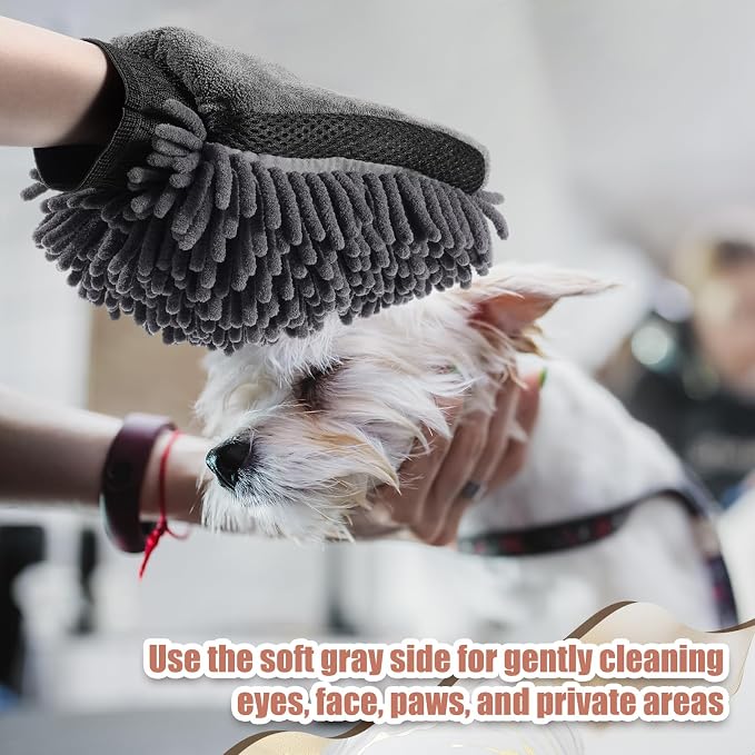 Teenyyou 2 Pcs Dog Towel Mitt Dry Bath Gloves Chenille Microfiber Paws Clean Pet Hair Washing Gloves Dog Grooming Mitts Bath Supplies for Cats Rabbits Horses Suitable for Long/Short/Poodle Fur(Grey)