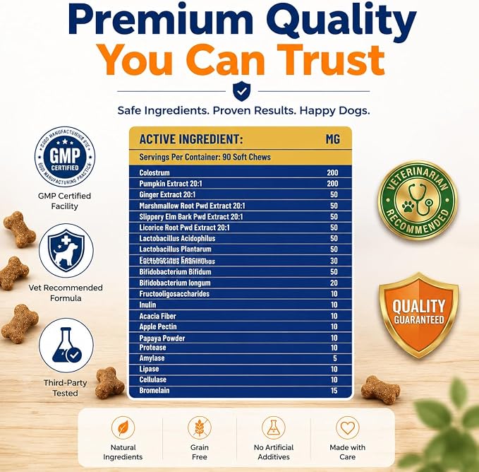 Advanced Dog Gut & Immune Support - Probiotics for Dogs Upset Stomach & Gas Relief with Pumpkin, Slippery Elm,Colostrum & Digestive Enzymes, (Duck Flavor 90 ct)