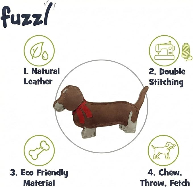 Fuzzl Eco Leather Sizzles the Dachshund Dog Toy - Natural & Tough Light Brown Leather Chew | Durable Toy for Moderate Chewers | 100% Jute Filling & Double Stitched