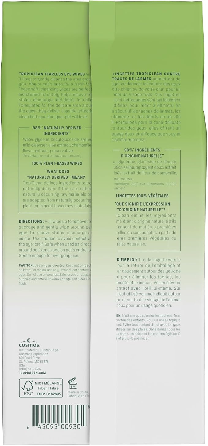 TropiClean Tearless Dog Eye Wipes, 50ct