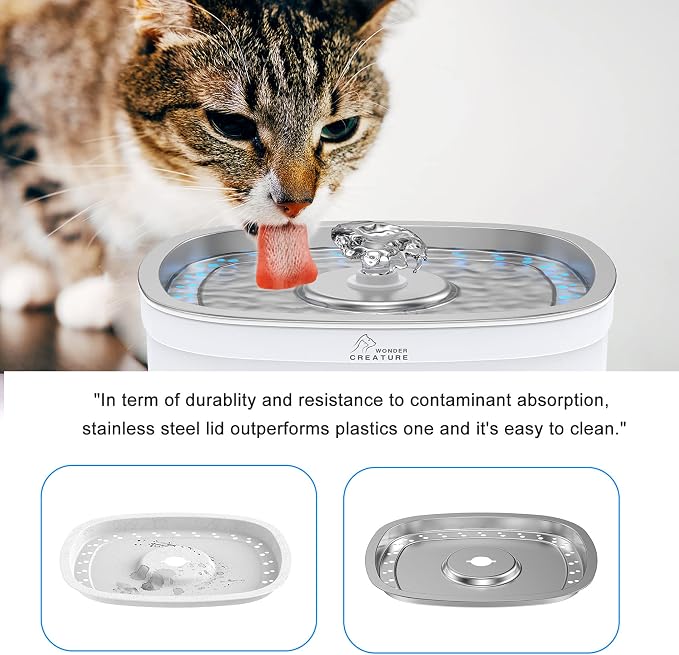 Wonder Creature Cat Water Fountain Stainless Steel, 84oz/2.5L Automatic Pet Water Fountain with Water Level Window and LED Light for Water Shortage Alert