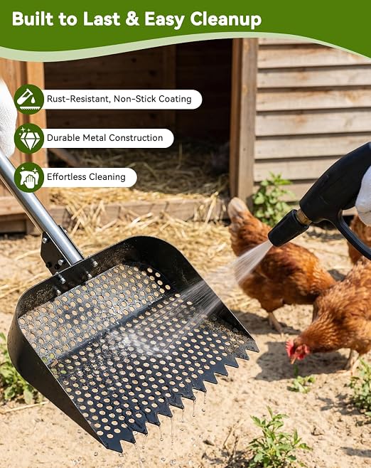 2-in-1 Chicken Poop Scooper & Rake, 12" Wide Metal Chicken Coop Scooper, 3-Way Adjustable Head, 39/51/67" Long 304 Stainless Steel Handle & Gloves, Non-Stick Sand Sifting Shovel for Backyard Farm Barn
