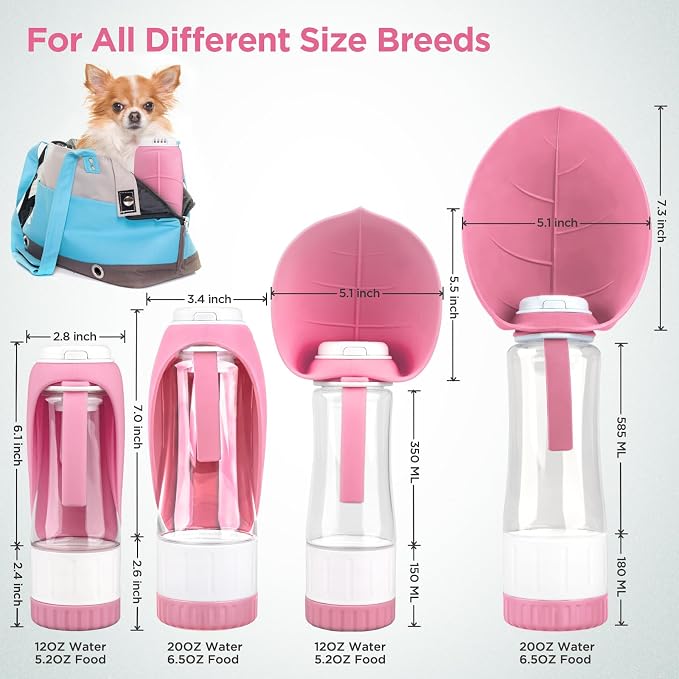 Uppetly Dog Water Bottle, Pet Water Bottle with Food Container and Drinking Feeder, Leak Proof, BPA-Free, Portable Foldable Puppy Water Cup Dispenser for Outdoor Walking, Travel, Hiking Large Pink