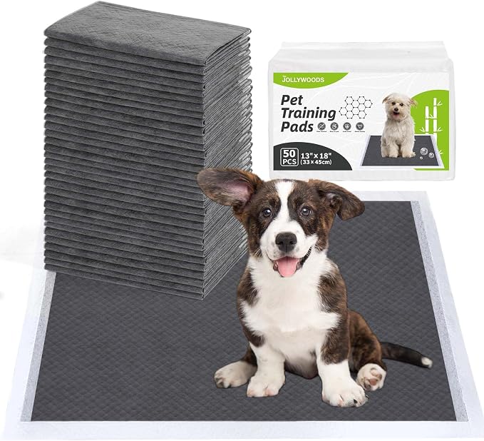 Jollywoods Disposable Dog Pee Pads, 13" x 18" Odor-Control Bamboo Charcoal Fiber Puppy Pads, Super Absorbent & Leak Proof Pet Training Pads, Quick Dry for Dogs, Cats and Rabbits - 50 Counts