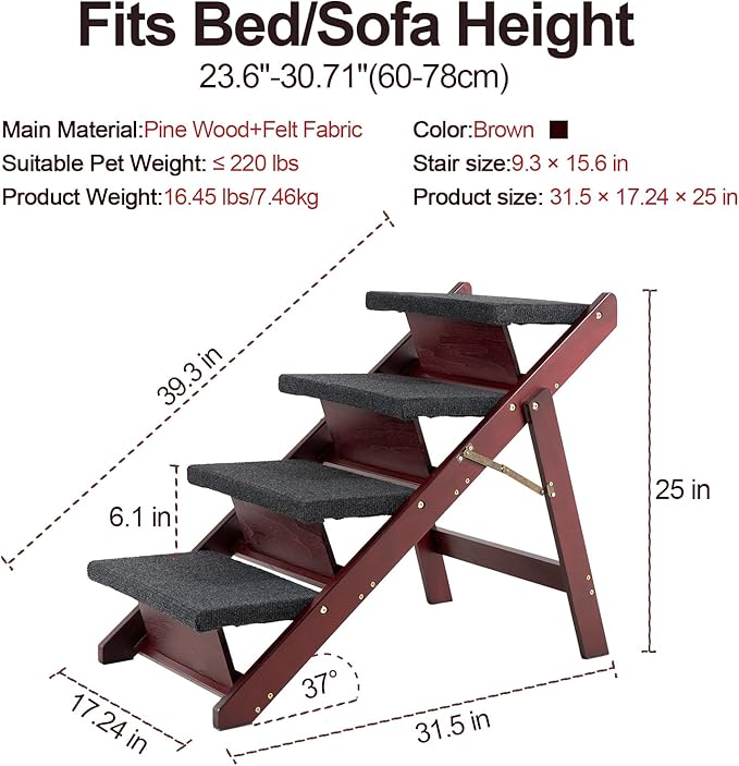 MEWANG Wooden Pet Stairs/Pet Steps - 3-in-1 Foldable Stairs & Ramp for Tall Beds and Cars - Portable Dog/Cat Ladder Up to 220 Pounds - for Small and Older Animals(Brown) (31.5" L x 17.2" W x 25.0" H)
