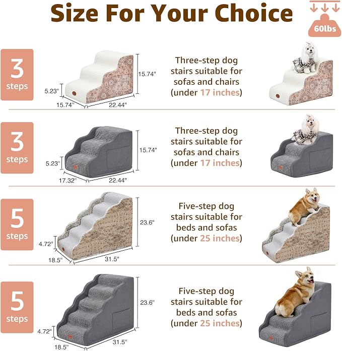 Woochpet 15.7” H Ramp Dog Stairs for Small Dogs, Printed Fabric 3 Tier Wider Curved Pet Stairs for Couch and Beds，Non-Slip Bottom for Old Cats with High-Density Foam and Washable Cover