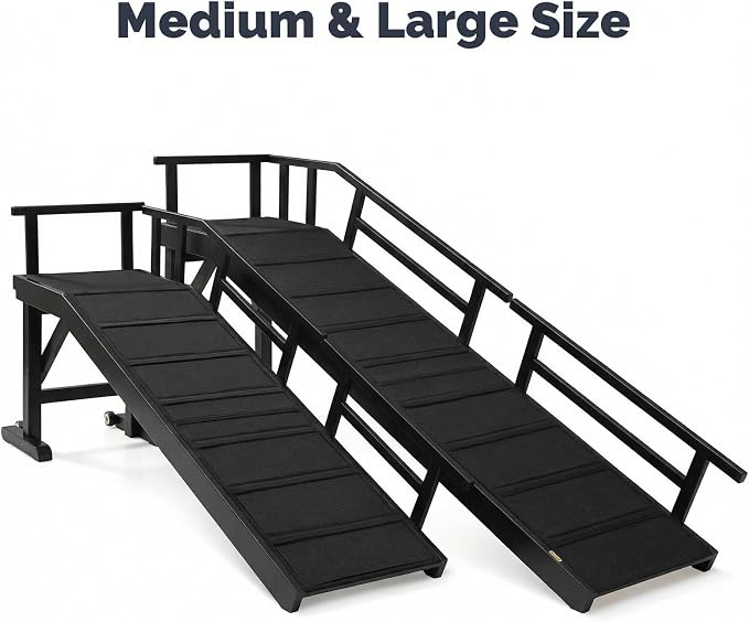 Dog Ramp for Bed or Couch, Wooden Pet Ramp with 20° Gentle Slope, Removable Side Rails, Non-Slip Surface, Top Platform & Wheels, Safe Bed Ramp for Small, Large & Senior Dogs, 60" Long, Black
