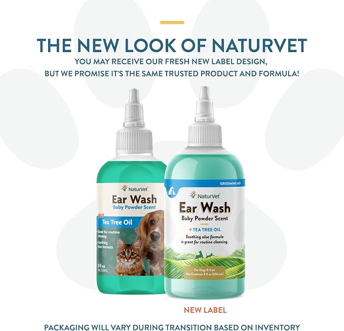 NaturVet Ear Wash with Tea Tree Oil, Aloe & Baby Powder Scent, 8 oz