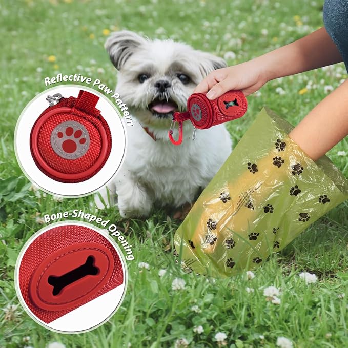FURHAB Dog Poop Bag Holder for Leash Doggie Waste Bag Dispenser Soft Fabric Puppy Potty Carrier Small Doggy Zipper Pouch with Carabiner Clip 1680D Nylon Oxford with 1 Roll of Pet Trash Bags, Red