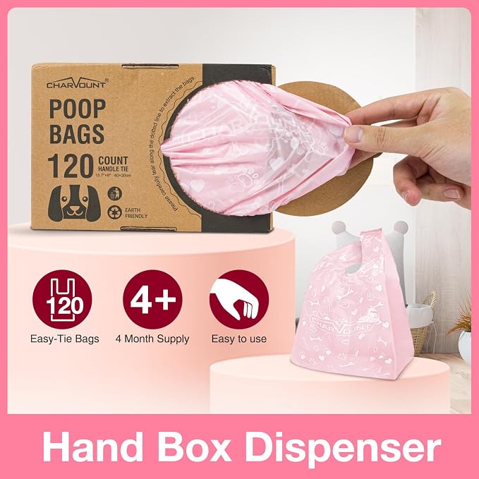 Charmount 120 Counts Unscented Dog Poop Bags Rolls with Handles, 16"x8"Extra Thick Pet Waste Bag, Leak Proof and Easy Tie, Cat Litter Bags, Pink