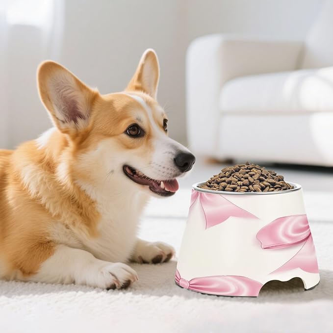Blueangle Elevated Dog Bowls with Stainless Steel - Non-Slip 2.3 Cup High Capacity Pet Dish for Spinal Health & Ribbon Bows Design（174）