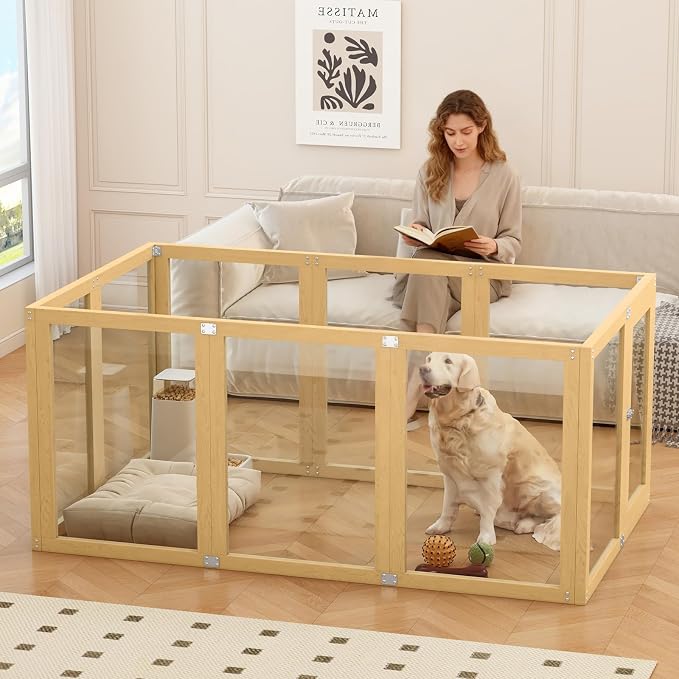 Clear Acrylic Dog Playpen Indoor with Solid Wood Frame, 10 Panels Clear Dog Playpen for Small Dogs, Easy Assembly Acrylic Pet Pen, Safe and Sturdy Play Area for Puppy Rabbit Indoor