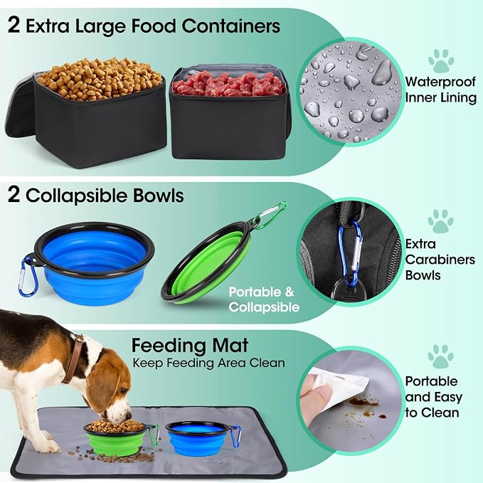 IGOLUMON Dog Travel Bag Set with 2 Extra Large Food Containers, 2 Bowls, 1 Feeding Mat