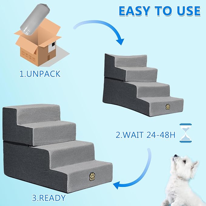 Dog Stairs for Couch Sofa and Bed, 4-Step Foam Pet Stairs 18 Inch H, Dog Steps for Small Dogs Cats Puppies, High-Density Foam Pet Ladder with Washable Cover Non-Slip Bottom, Gray