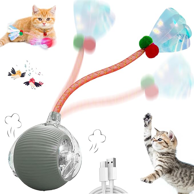 Speedy 2.0 Tail Interactive Cat Toys for Indoor Cats, Automatic Cat Toy with Elastic Mesh Tail, Electric Rolling Ball on Carpet, Chirping and Motion Activate Cat(Grey)