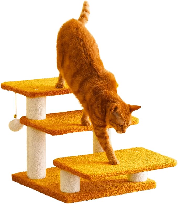 15''H Multi-Step Pet Stairs for High Beds & Sofas, 3-Step Cat Stairs with 2 Toy Balls, Wide Boards for Indoor Kittens Dogs Pets Climbing, Yellow