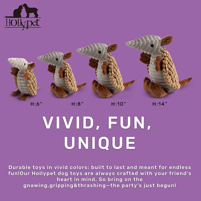 Hollypet Armadillo Squeaky Puppy Dog Toys for Small Medium Dogs, 8" | plush stuffed small dog squeak animal toy with unique grunt squeaker textured fabric for teeth cleaning toys