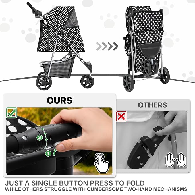 MoNiBloom 3-Wheel Foldable Pet Stroller - Black Polka Dots