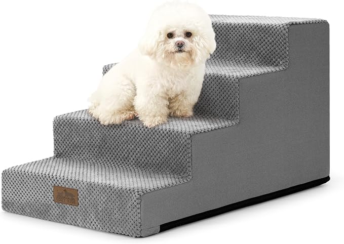 COZY KISS Dog Stairs for Small Dogs, 4 Step Pet Stairs for Beds & Couches | 15.7" H Non-Slip Dog Steps for Bed & Sofa, Gentle Incline for Puppies, Senior Cats, and Small Dogs, 15.7x23.6x15.7 in, Grey