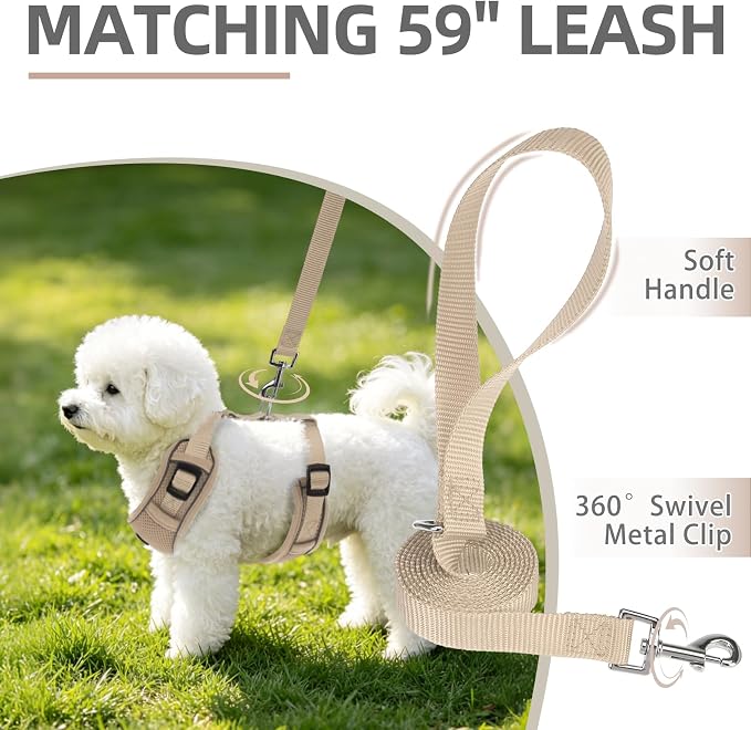 PUPTECK Dog Harness and Leash Set, No Pull Adjustable Pet Small Dog Harness, Reflective Soft Mesh Pet Vest, for Small Medium Dogs Walking, Khaki, XS