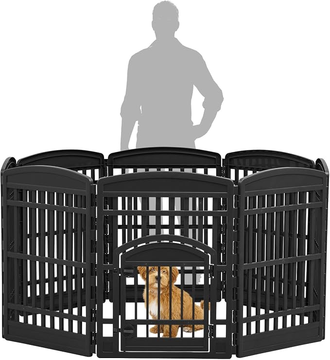 IRIS USA Dog Playpen with Door, 34” 8 Panel Pet Exercise Pen – Indoor Outdoor Puppy Play Pen, Portable Plastic Pet Fence for Small Medium Dogs, Foldable 63” x 63” x 34”, Black