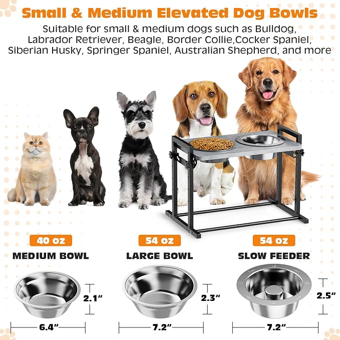 Elevated Dog Bowls for Dogs, 6 Heights Adjustable Raised Dog Bowl with Slow Feeder - 3 Stainless Steel Bowl, Tiltable Non-Slip Feeding Bowls with Metal Stand