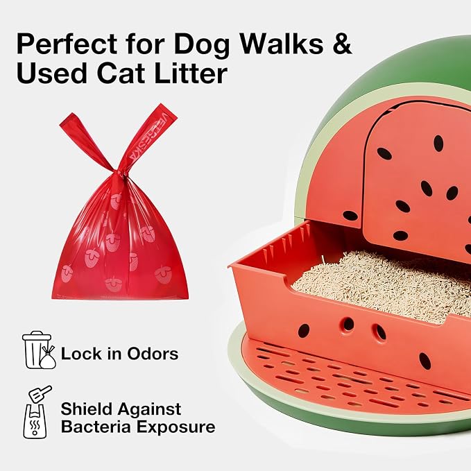 VETRESKA Dog Poop Bags with Handles 240 Count, Strawberry Scented Waste Bags, Leak-Proof Thick Dog Bags for Poop, Easy-Tie Large Poop Bags, 16 Refill Rolls for Dog Walking Cat Litter