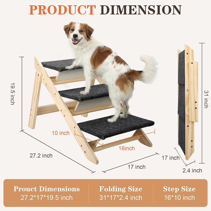 Dog Ramp, Durable Pet Stairs for High Beds, 2-in-1 Foldable Wooden Dog Steps for Couch and Car, Joint-Friendly Stairs for Senior Dogs, Non-Slip Carpeted Pet Steps with High-Weight Capacity