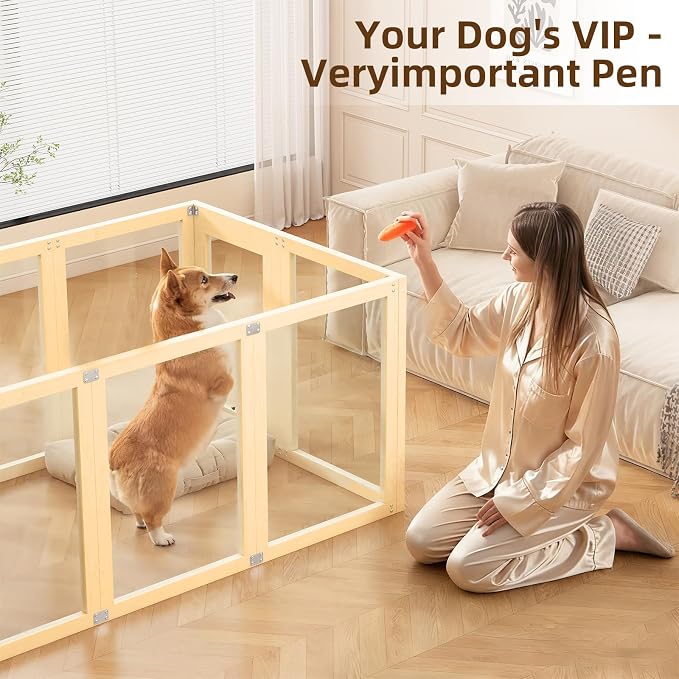Clear Acrylic Dog Playpen Indoor with Solid Wood Frame, 10 Panels Clear Dog Playpen for Small Dogs, Easy Assembly Acrylic Pet Pen, Safe and Sturdy Play Area for Puppy Rabbit Indoor