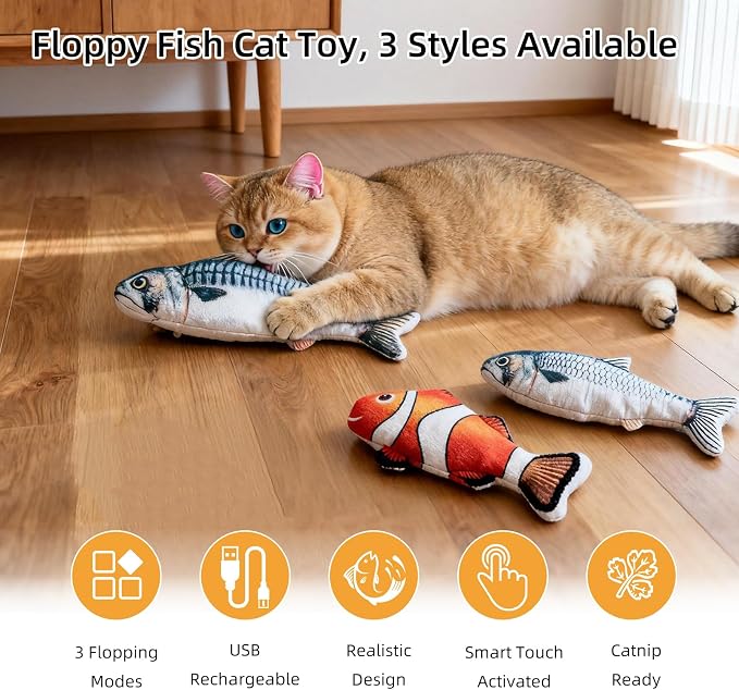 3 Pack Flopping Fish Cat Toy, Interactive Plush Cat Kicker Toy with Catnip Pocket, USB Rechargeable Wiggle Fish Set(Carp+Clownfish+Mackerel) for Indoor Kitten & Small Dogs, 3 Assorted Sizes