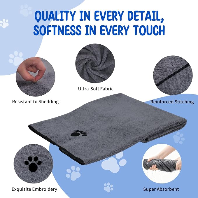 ATONET Microfiber Dog Towels for Drying Dogs, 40'' X 23.6'', Super Absorbent and Soft Pet Grooming Towel, Perfect Shower & Bath Supplies for Dogs(2 Pack Grey)