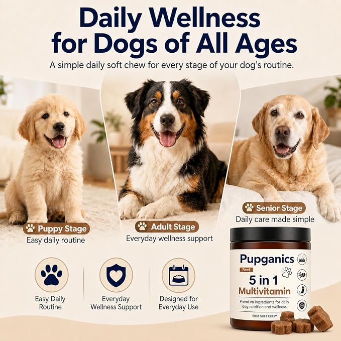 Pupganics Multivitamin Daily Soft Chews for Dogs, Itch Relief Chews, Beef | Twelve active ingredients with Salmon oil, Probiotics, Glucosamine & Essential Vitamins for everyday dog wellness.60 Count