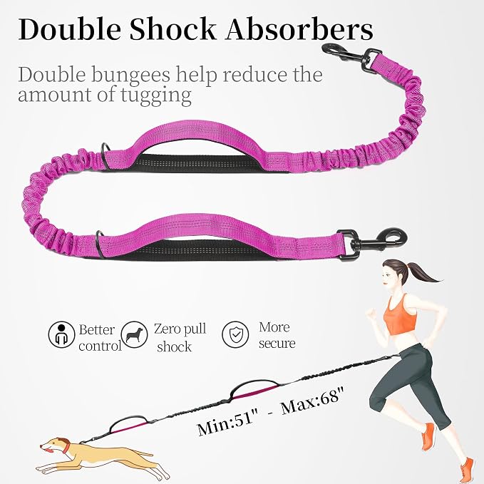 iYoShop Hands Free Dog Leash with Zipper Pouch, Large, 25-120LB, Very Berry | Waist Leash, Dual Padded Handles, Shock-Absorbing Bungee, Adjustable Waist Belt, Walking and Running