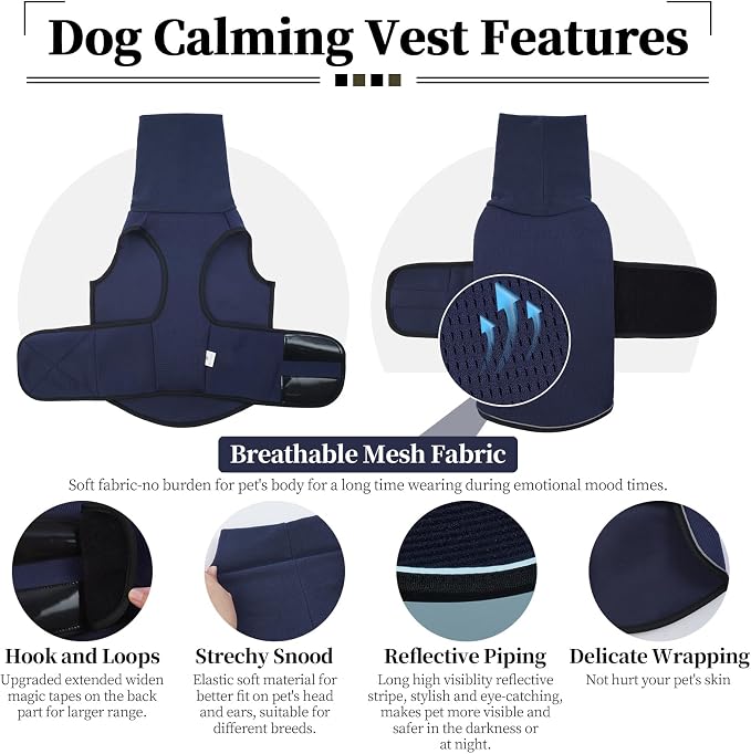 ROZKITCH Dog Anxiety Relief Vest, Breathable Calming Shirt for Dogs, Storms Fireworks Jacket with Ear Wrap for Separation Anxiety NavyBlue S